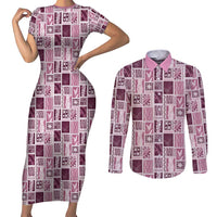 Vintage Aloha Block Quilt Couples Matching Short Sleeve Bodycon Dress and Long Sleeve Button Shirt Pink Inspired Lei Motifs - Polynesian Pride