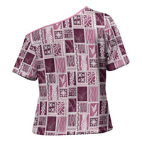 Vintage Aloha Block Quilt Cross Shoulder Shirt Pink Inspired Lei Motifs - Polynesian Pride