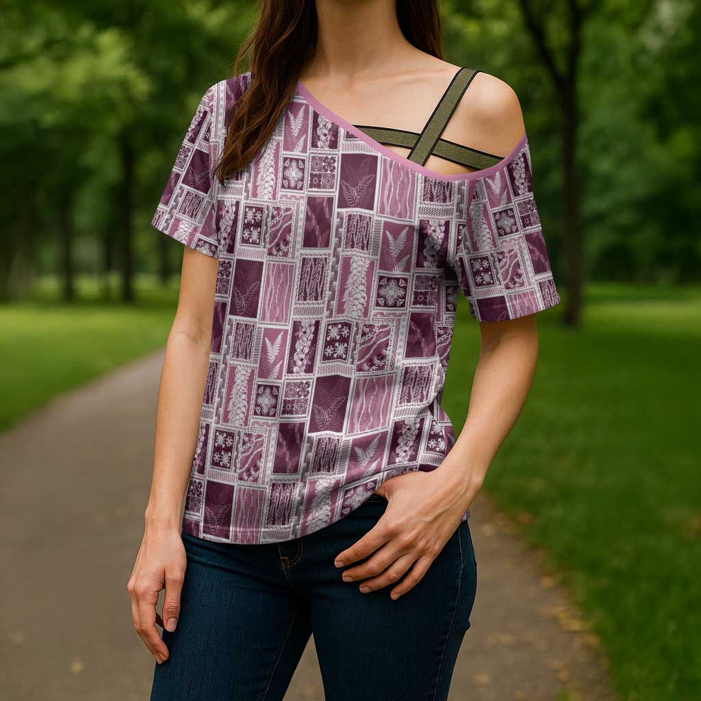 Vintage Aloha Block Quilt Cross Shoulder Shirt Pink Inspired Lei Motifs - Polynesian Pride