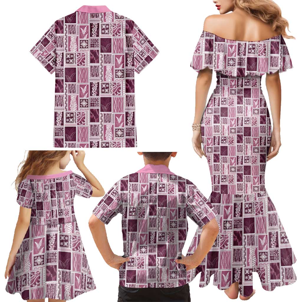 Vintage Aloha Block Quilt Family Matching Mermaid Dress and Hawaiian Shirt Pink Inspired Lei Motifs - Polynesian Pride