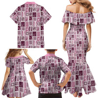 Vintage Aloha Block Quilt Family Matching Mermaid Dress and Hawaiian Shirt Pink Inspired Lei Motifs - Polynesian Pride