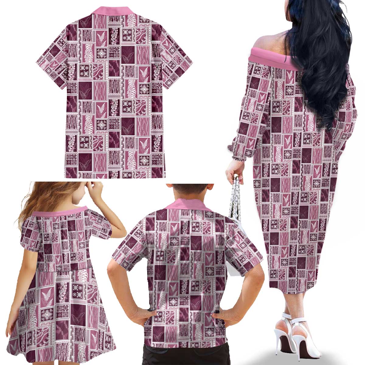 Vintage Aloha Block Quilt Family Matching Off The Shoulder Long Sleeve Dress and Hawaiian Shirt Pink Inspired Lei Motifs - Polynesian Pride