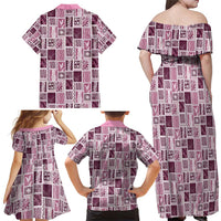 Vintage Aloha Block Quilt Family Matching Off Shoulder Maxi Dress and Hawaiian Shirt Pink Inspired Lei Motifs - Polynesian Pride