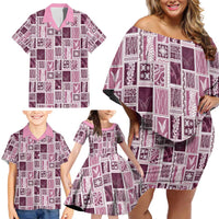 Vintage Aloha Block Quilt Family Matching Off Shoulder Short Dress and Hawaiian Shirt Pink Inspired Lei Motifs - Polynesian Pride