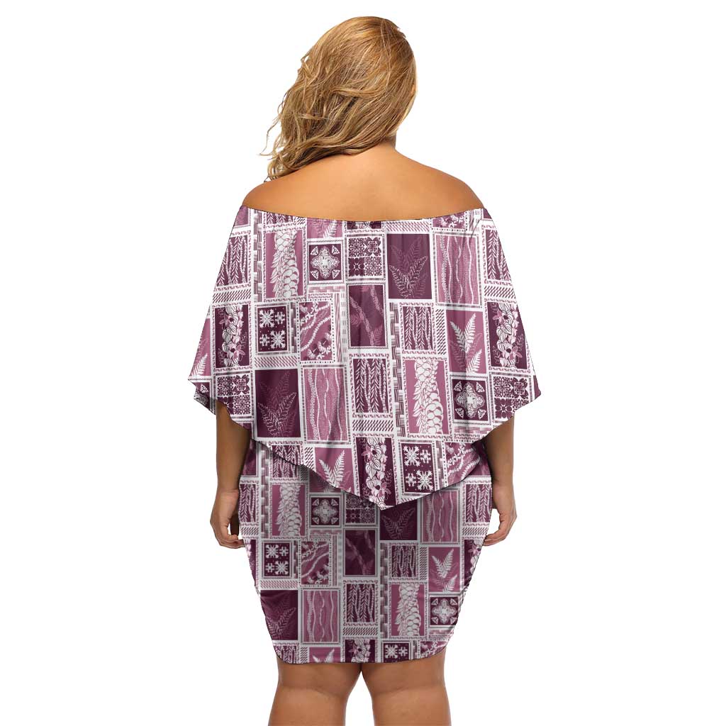 Vintage Aloha Block Quilt Family Matching Off Shoulder Short Dress and Hawaiian Shirt Pink Inspired Lei Motifs - Polynesian Pride