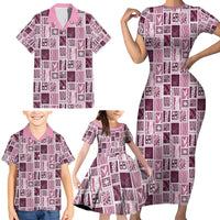 Vintage Aloha Block Quilt Family Matching Short Sleeve Bodycon Dress and Hawaiian Shirt Pink Inspired Lei Motifs - Polynesian Pride