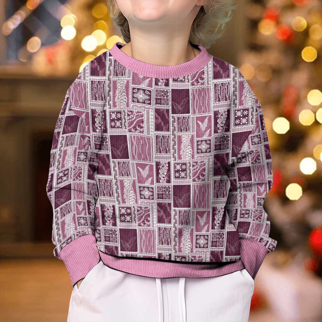 Vintage Aloha Block Quilt Kid Ugly Christmas Sweater Pink Inspired Lei Motifs - Polynesian Pride