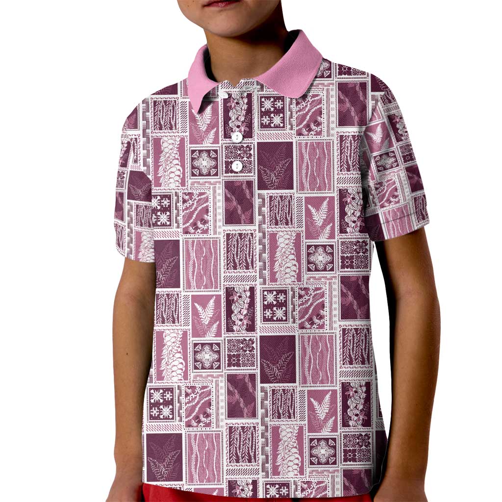 Vintage Aloha Block Quilt Kid Polo Shirt Pink Inspired Lei Motifs - Polynesian Pride