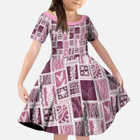 Vintage Aloha Block Quilt Kid Short Sleeve Dress Pink Inspired Lei Motifs - Polynesian Pride