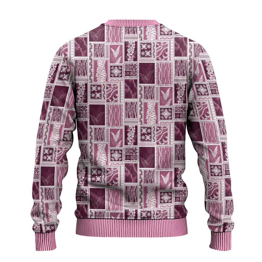 Vintage Aloha Block Quilt Ugly Christmas Sweater Pink Inspired Lei Motifs - Polynesian Pride