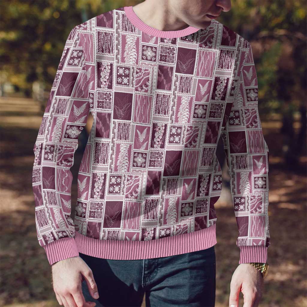 Vintage Aloha Block Quilt Ugly Christmas Sweater Pink Inspired Lei Motifs - Polynesian Pride