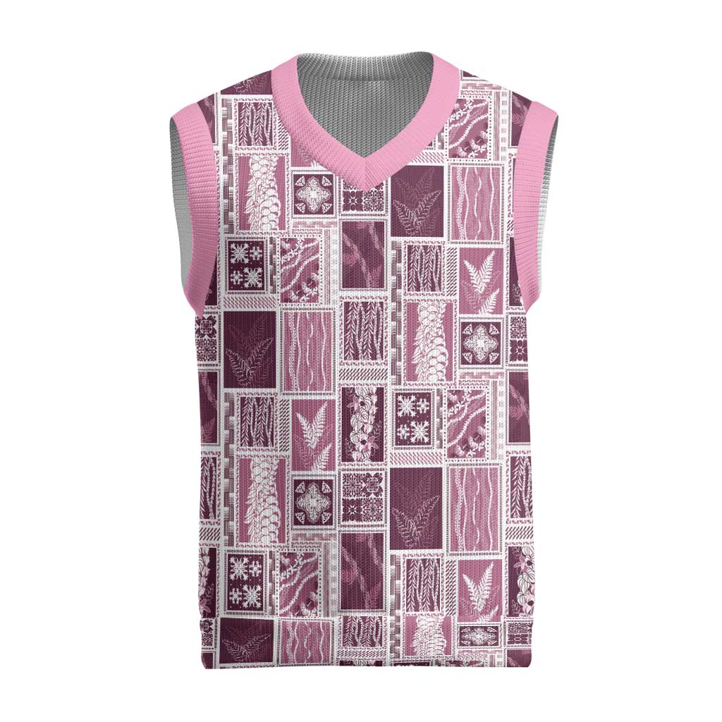 Vintage Aloha Block Quilt Christmas Knitted V-Neck Vest Pink Inspired Lei Motifs - Polynesian Pride
