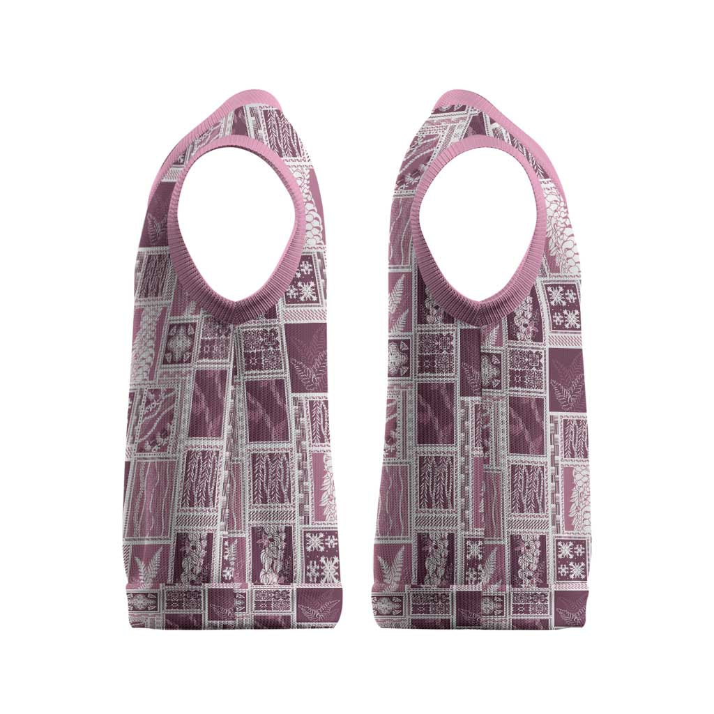 Vintage Aloha Block Quilt Christmas Knitted V-Neck Vest Pink Inspired Lei Motifs - Polynesian Pride