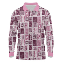 Vintage Aloha Block Quilt Long Sleeve Polo Shirt Pink Inspired Lei Motifs - Polynesian Pride