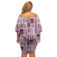 Vintage Aloha Block Quilt Off Shoulder Short Dress Pink Inspired Lei Motifs - Polynesian Pride