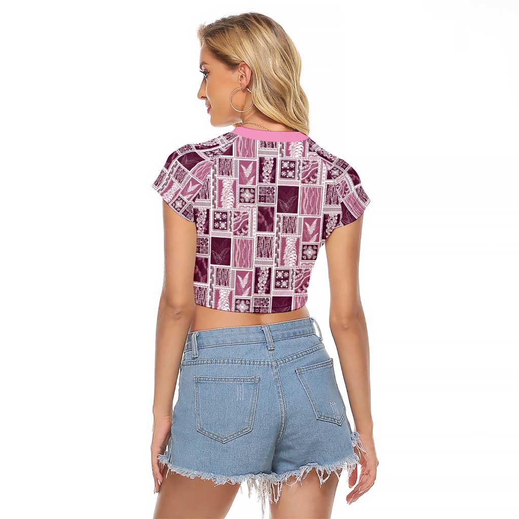 Vintage Aloha Block Quilt Raglan Cropped T Shirt Pink Inspired Lei Motifs - Polynesian Pride