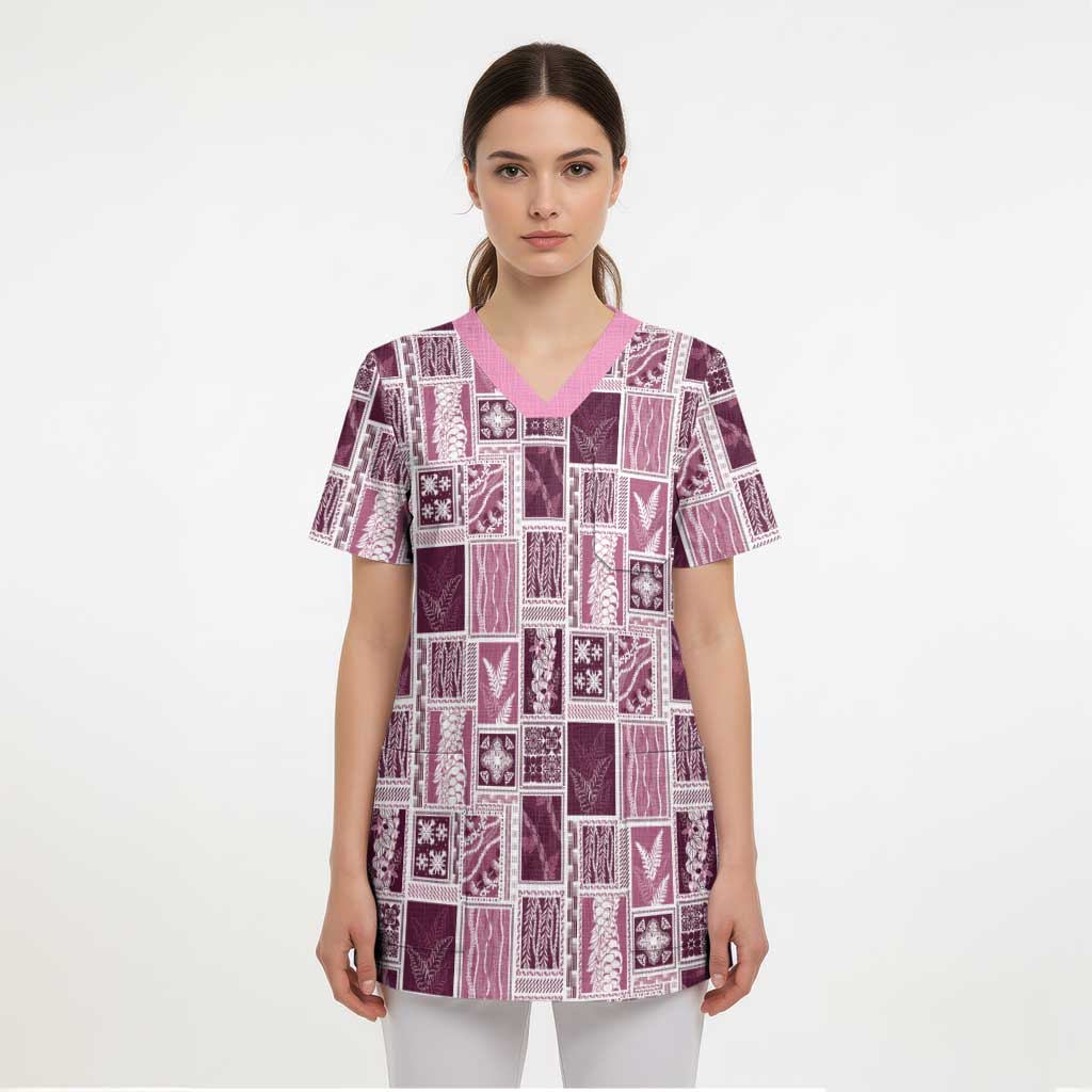 Vintage Aloha Block Quilt Scrub Top Pink Inspired Lei Motifs - Polynesian Pride