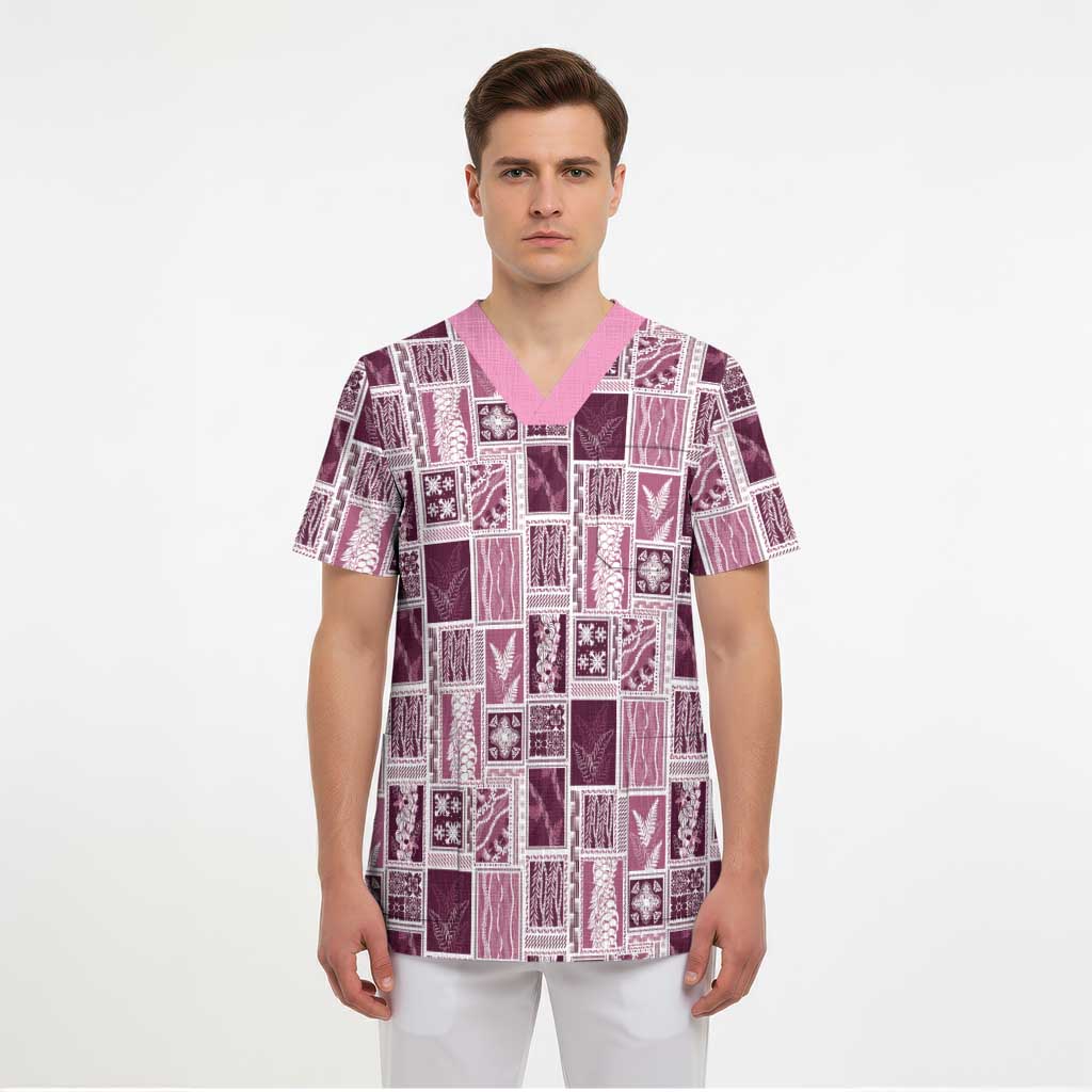 Vintage Aloha Block Quilt Scrub Top Pink Inspired Lei Motifs - Polynesian Pride