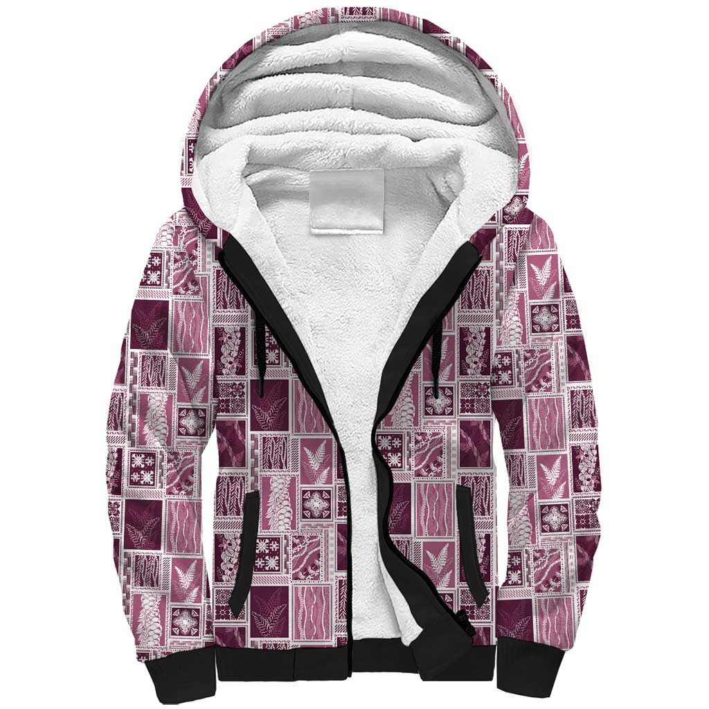 Vintage Aloha Block Quilt Sherpa Hoodie Pink Inspired Lei Motifs - Polynesian Pride