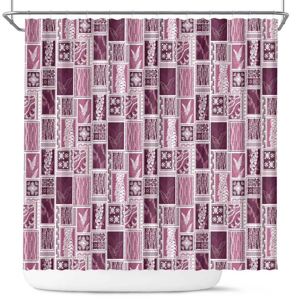 Vintage Aloha Block Quilt Shower Curtain Pink Inspired Lei Motifs - Polynesian Pride