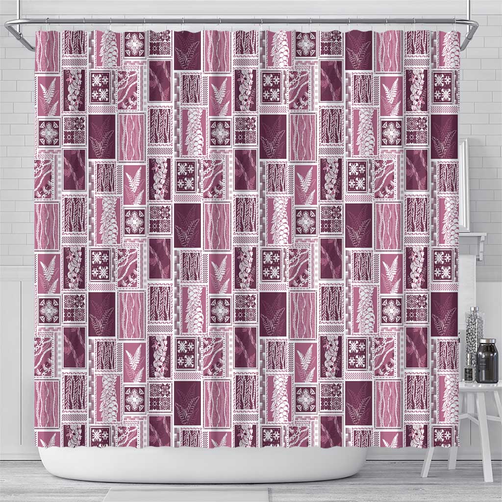 Vintage Aloha Block Quilt Shower Curtain Pink Inspired Lei Motifs - Polynesian Pride