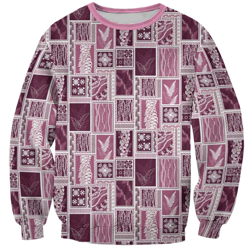 Vintage Aloha Block Quilt Sweatshirt Pink Inspired Lei Motifs - Polynesian Pride