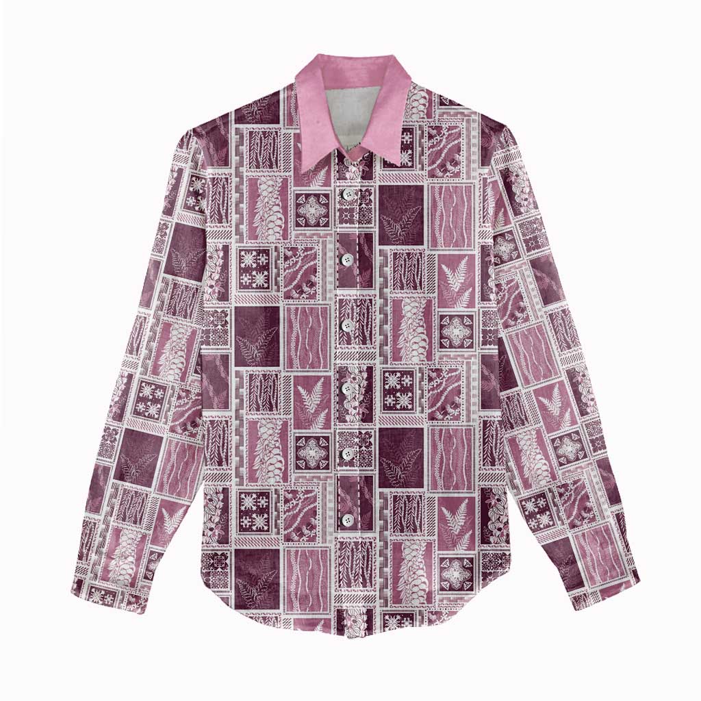 Vintage Aloha Block Quilt Women Casual Shirt Pink Inspired Lei Motifs - Polynesian Pride