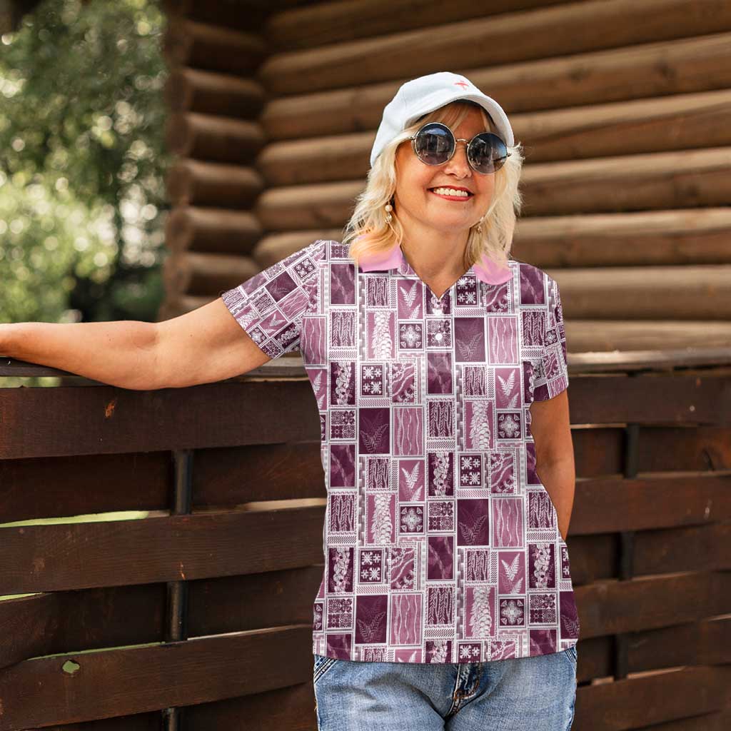 Vintage Aloha Block Quilt Women Polo Shirt Pink Inspired Lei Motifs - Polynesian Pride