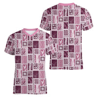 Vintage Aloha Block Quilt Women V-Neck T-Shirt Pink Inspired Lei Motifs - Polynesian Pride