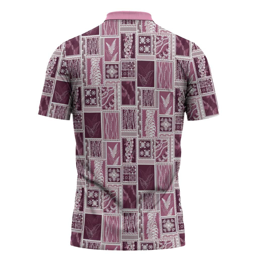 Vintage Aloha Block Quilt Zipper Polo Shirt Pink Inspired Lei Motifs - Polynesian Pride