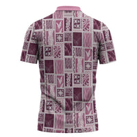 Vintage Aloha Block Quilt Zipper Polo Shirt Pink Inspired Lei Motifs - Polynesian Pride