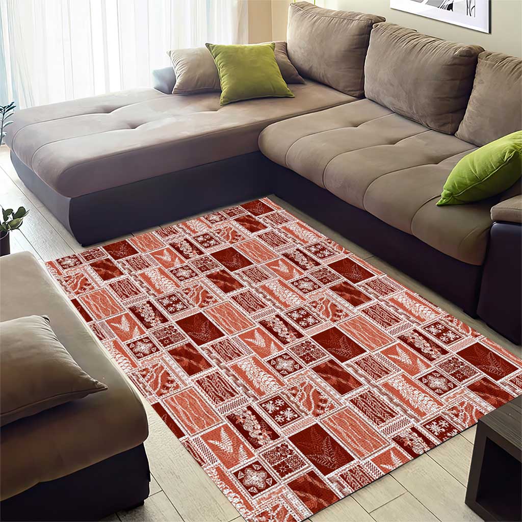 Vintage Aloha Block Quilt Area Rug Red Inspired Lei Motifs - Polynesian Pride