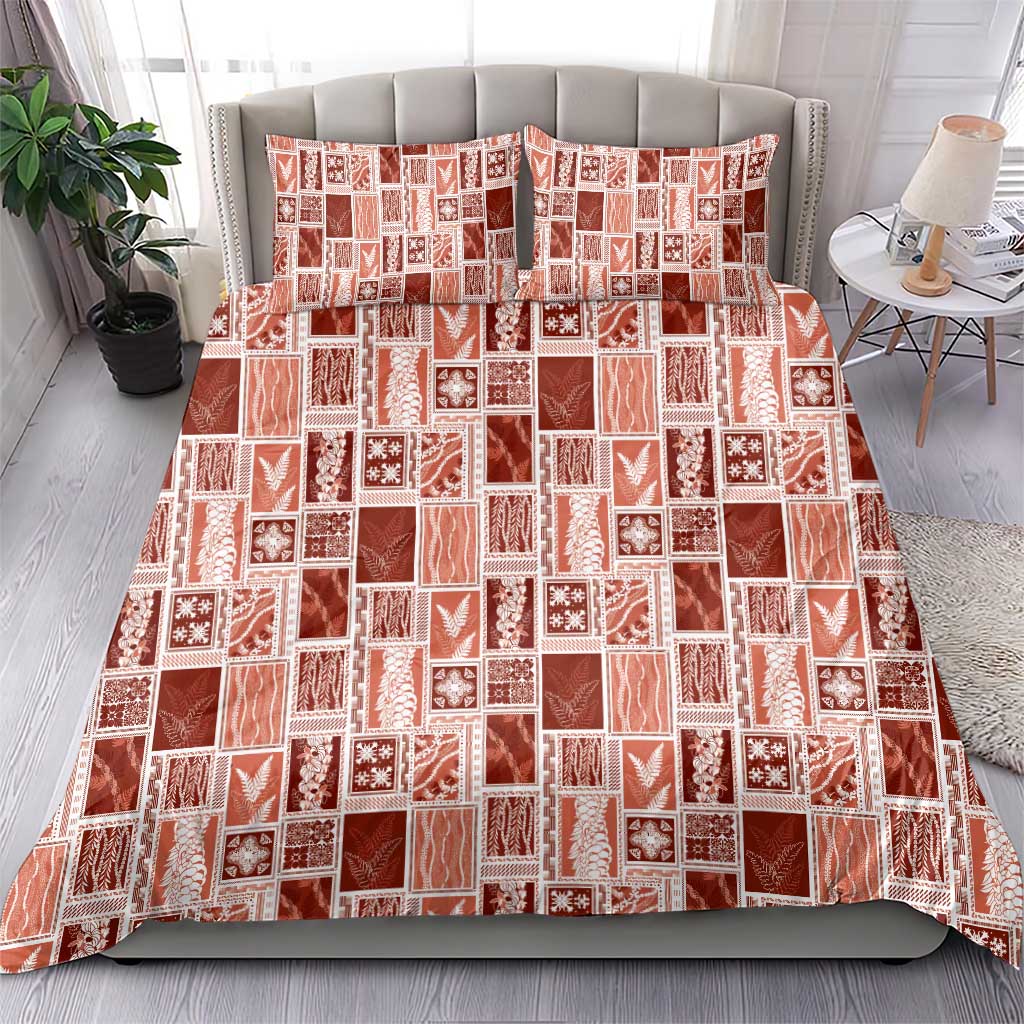 Vintage Aloha Block Quilt Bedding Set Red Inspired Lei Motifs - Polynesian Pride