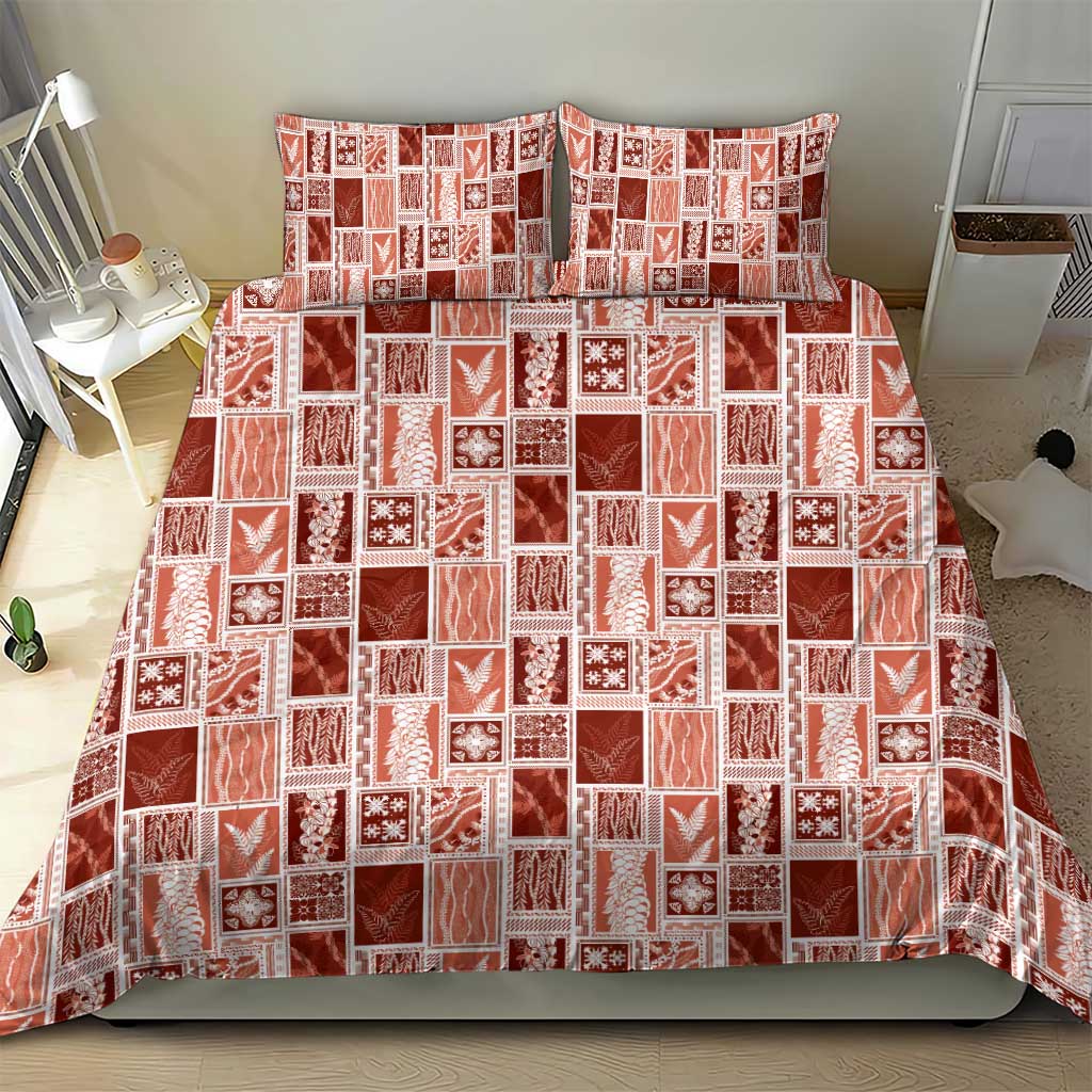 Vintage Aloha Block Quilt Bedding Set Red Inspired Lei Motifs - Polynesian Pride