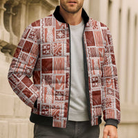 Vintage Aloha Block Quilt Bomber Puffer Jacket Red Inspired Lei Motifs - Polynesian Pride