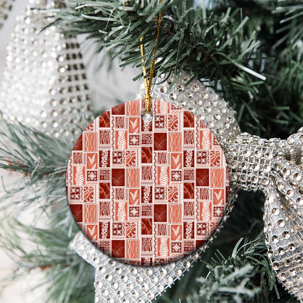 Vintage Aloha Block Quilt Ceramic Ornament Red Inspired Lei Motifs - Polynesian Pride