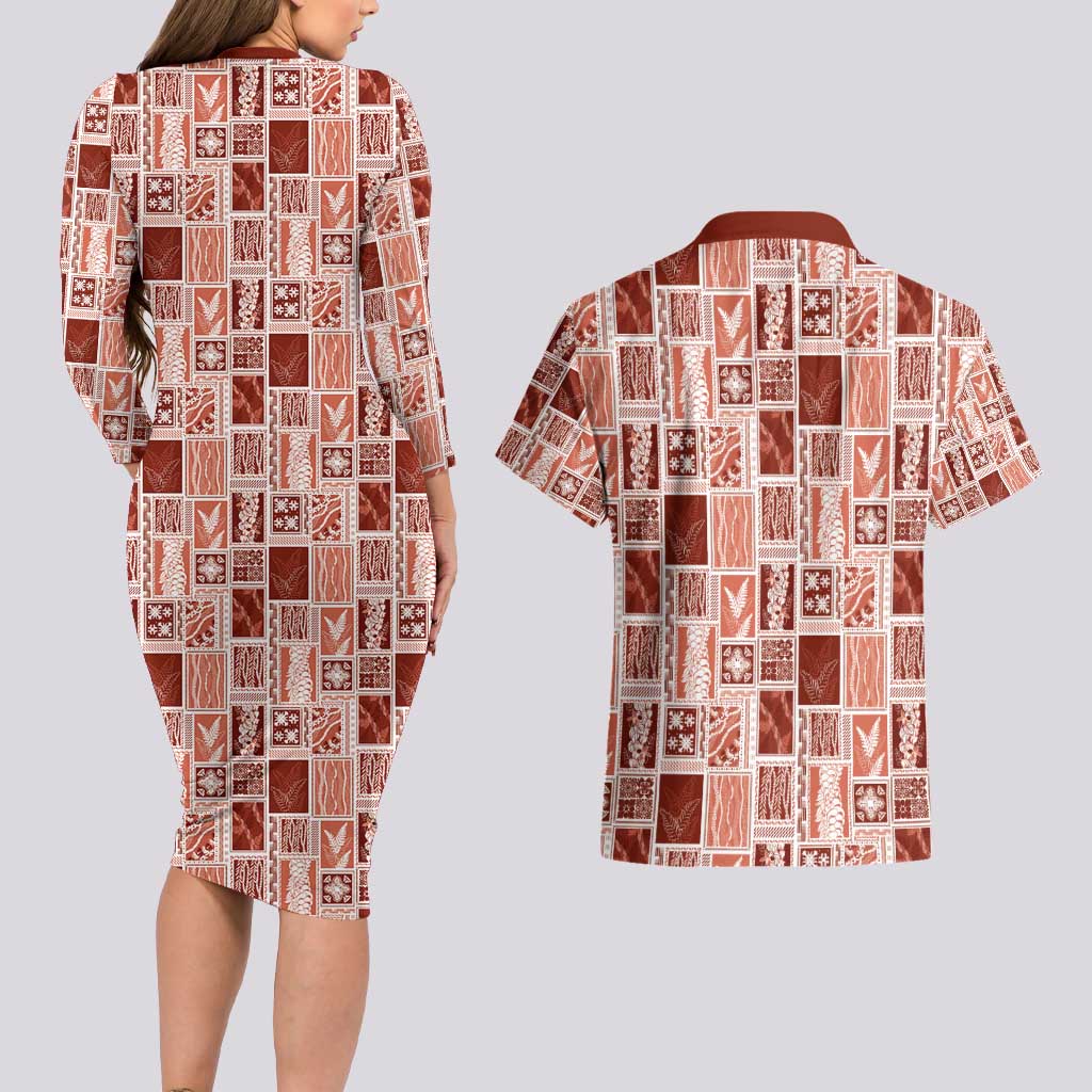 Vintage Aloha Block Quilt Couples Matching Long Sleeve Bodycon Dress and Hawaiian Shirt Red Inspired Lei Motifs - Polynesian Pride
