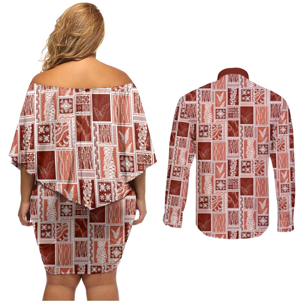 Vintage Aloha Block Quilt Couples Matching Off Shoulder Short Dress and Long Sleeve Button Shirt Red Inspired Lei Motifs - Polynesian Pride