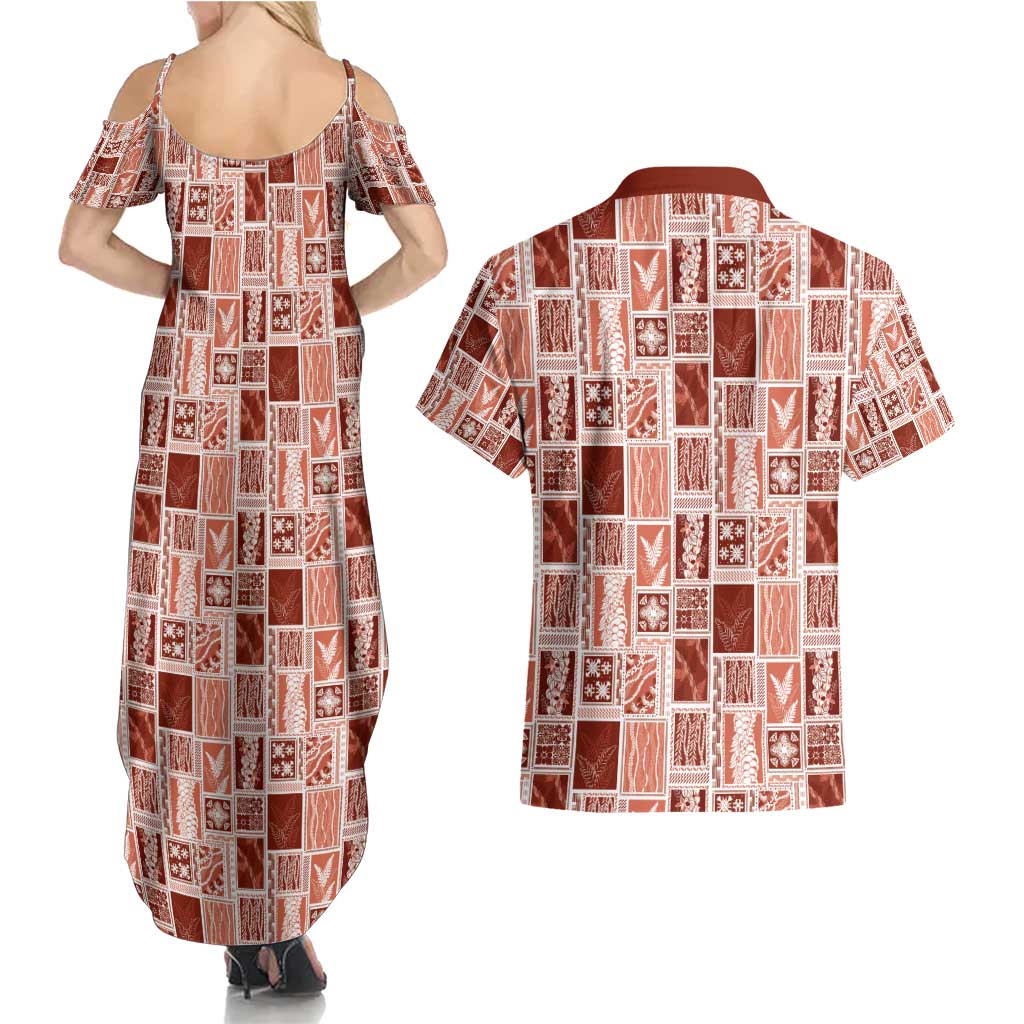 Vintage Aloha Block Quilt Couples Matching Summer Maxi Dress and Hawaiian Shirt Red Inspired Lei Motifs - Polynesian Pride