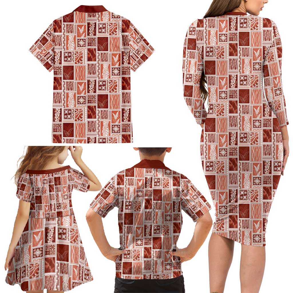 Vintage Aloha Block Quilt Family Matching Long Sleeve Bodycon Dress and Hawaiian Shirt Red Inspired Lei Motifs - Polynesian Pride
