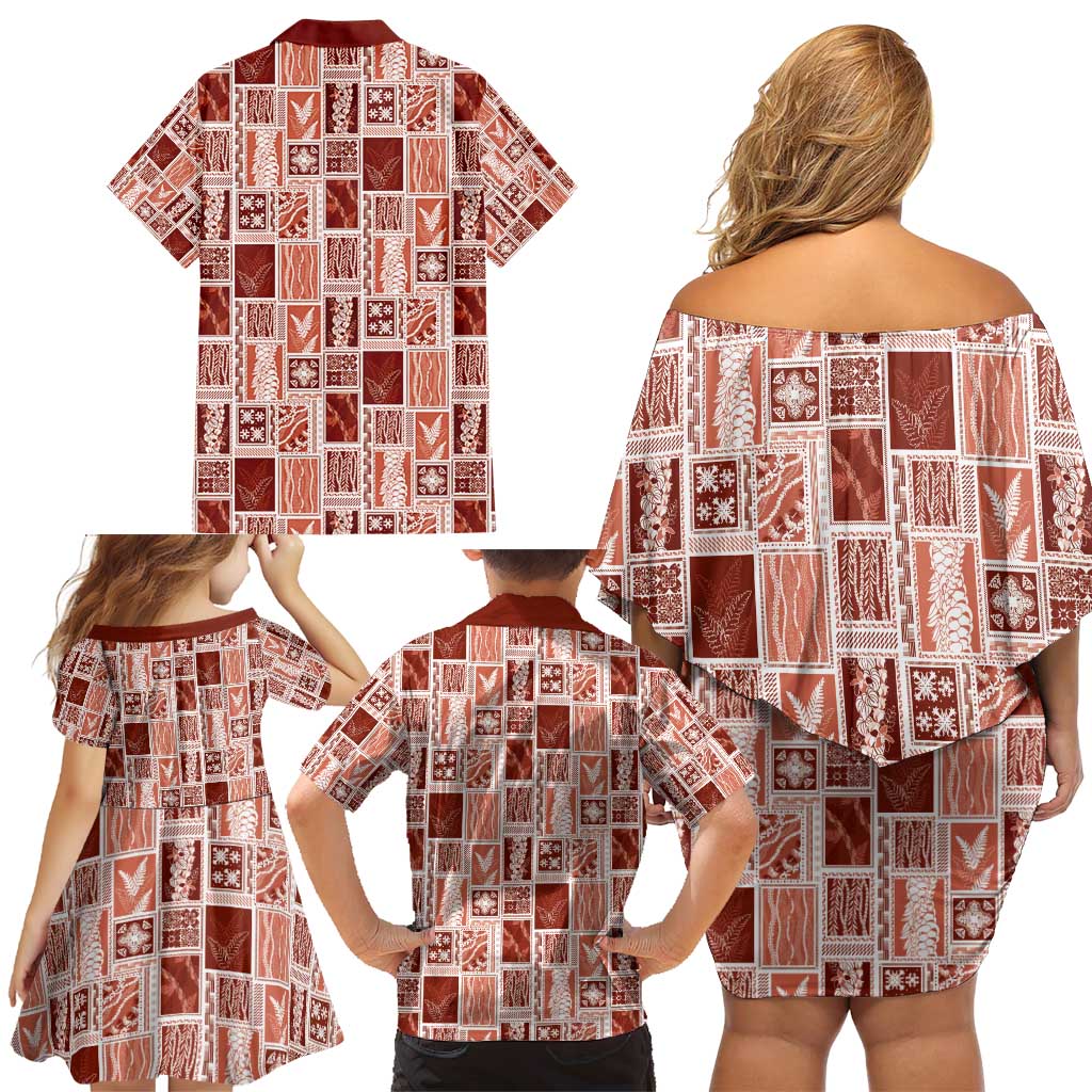 Vintage Aloha Block Quilt Family Matching Off Shoulder Short Dress and Hawaiian Shirt Red Inspired Lei Motifs - Polynesian Pride