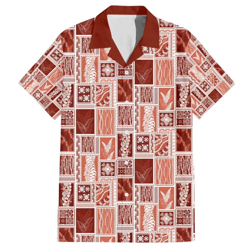 Vintage Aloha Block Quilt Family Matching Off Shoulder Short Dress and Hawaiian Shirt Red Inspired Lei Motifs - Polynesian Pride