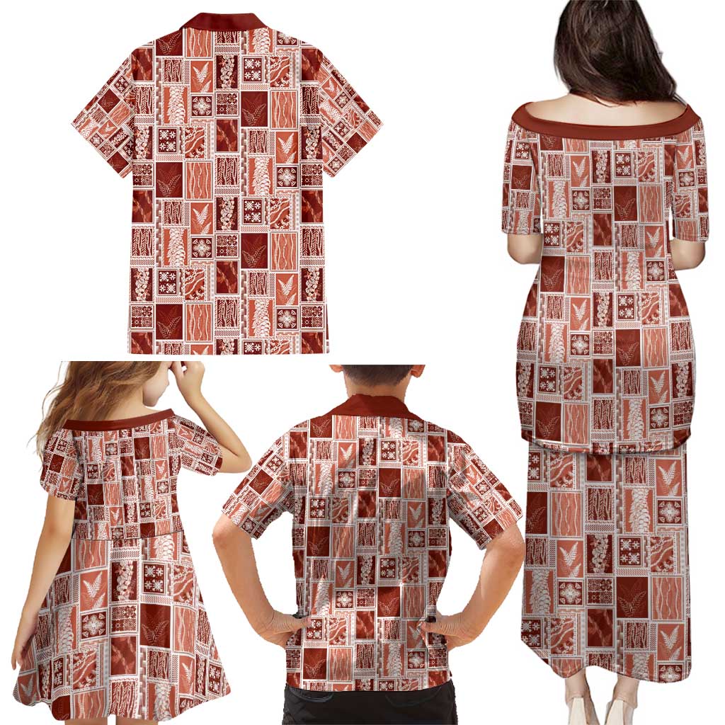 Vintage Aloha Block Quilt Family Matching Puletasi and Hawaiian Shirt Red Inspired Lei Motifs - Polynesian Pride