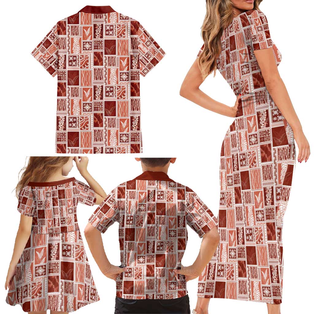 Vintage Aloha Block Quilt Family Matching Short Sleeve Bodycon Dress and Hawaiian Shirt Red Inspired Lei Motifs - Polynesian Pride
