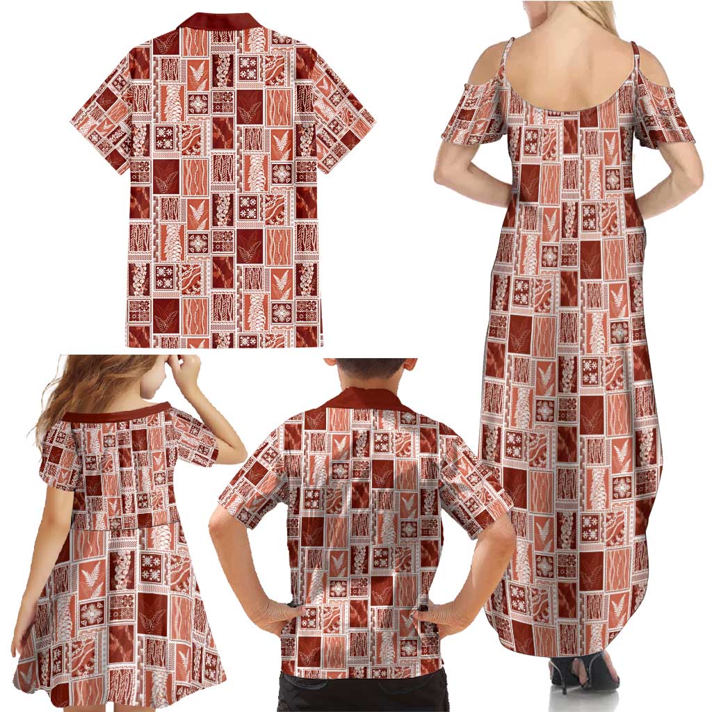 Vintage Aloha Block Quilt Family Matching Summer Maxi Dress and Hawaiian Shirt Red Inspired Lei Motifs - Polynesian Pride