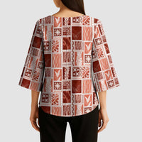 Vintage Aloha Block Quilt Kimono Sleeve Blouse Red Inspired Lei Motifs - Polynesian Pride