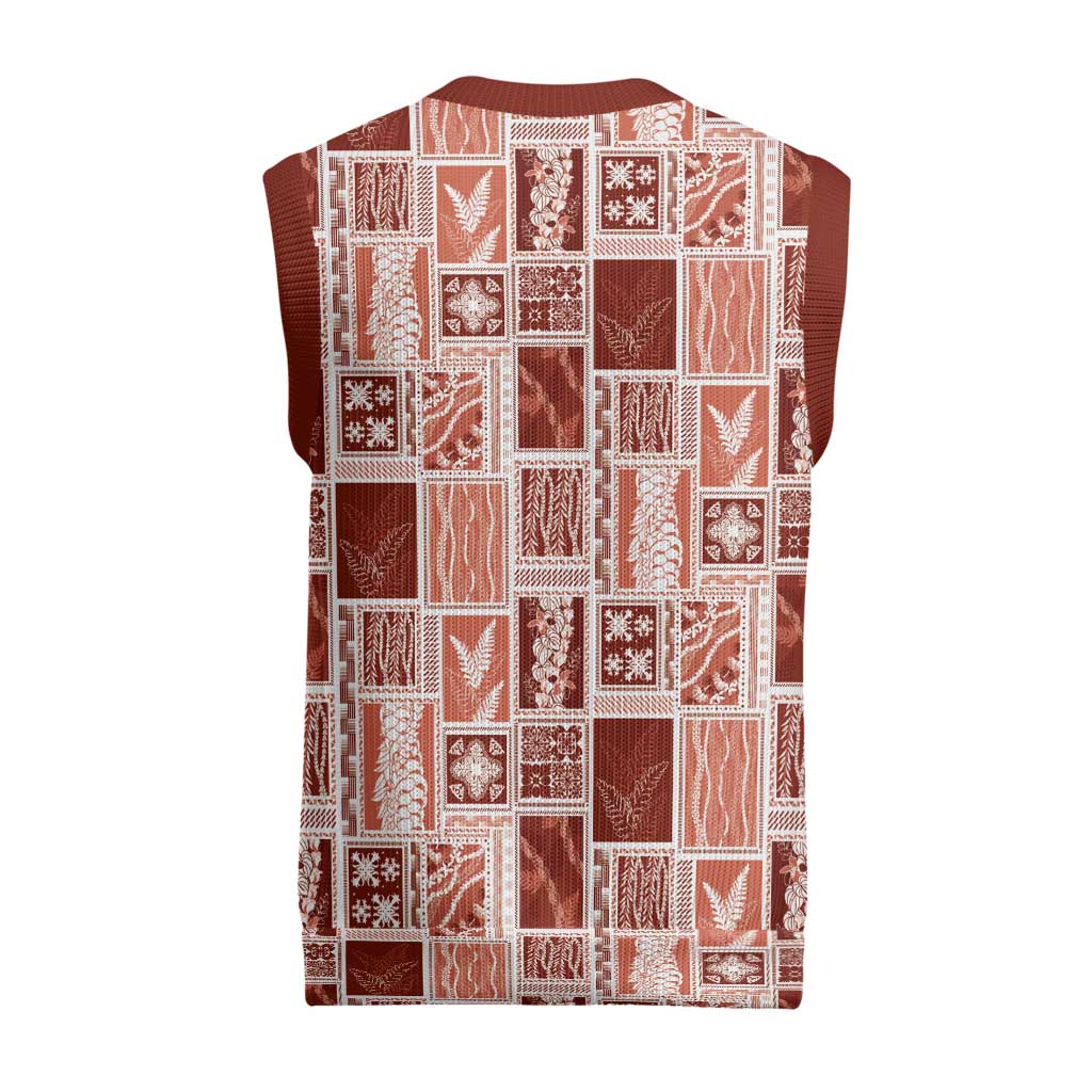 Vintage Aloha Block Quilt Christmas Knitted V-Neck Vest Red Inspired Lei Motifs - Polynesian Pride