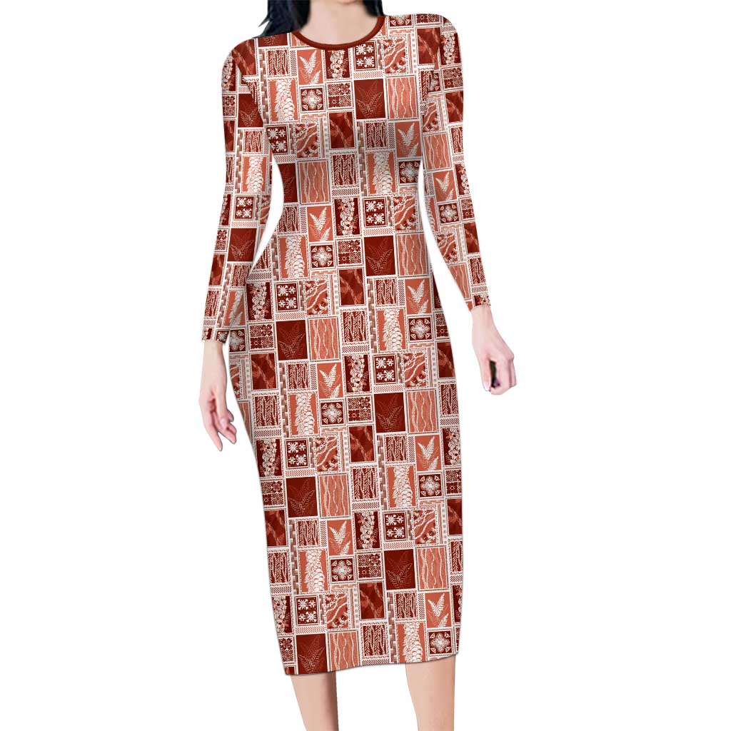 Vintage Aloha Block Quilt Long Sleeve Bodycon Dress Red Inspired Lei Motifs - Polynesian Pride