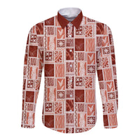 Vintage Aloha Block Quilt Long Sleeve Button Shirt Red Inspired Lei Motifs - Polynesian Pride