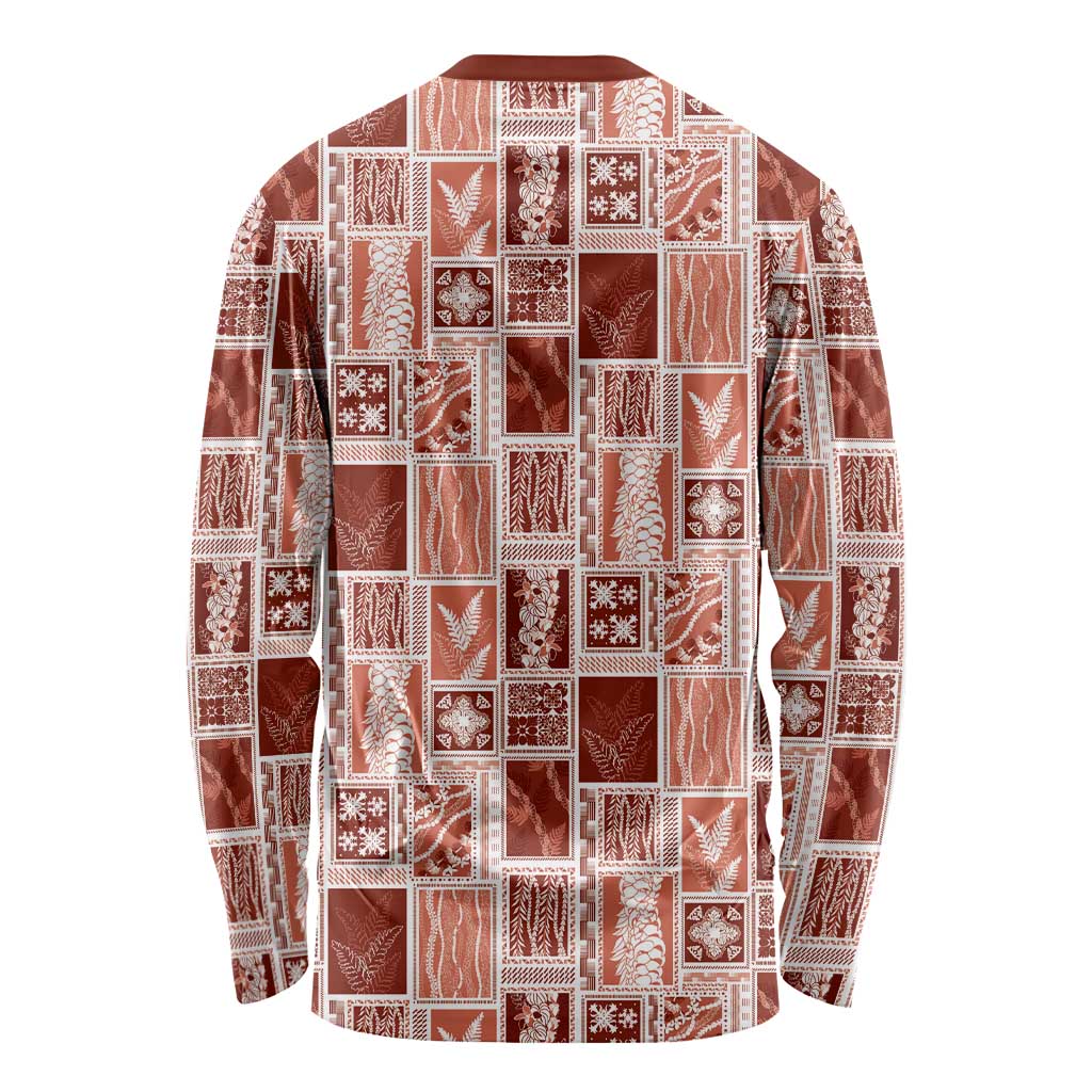 Vintage Aloha Block Quilt Long Sleeve Shirt Red Inspired Lei Motifs - Polynesian Pride